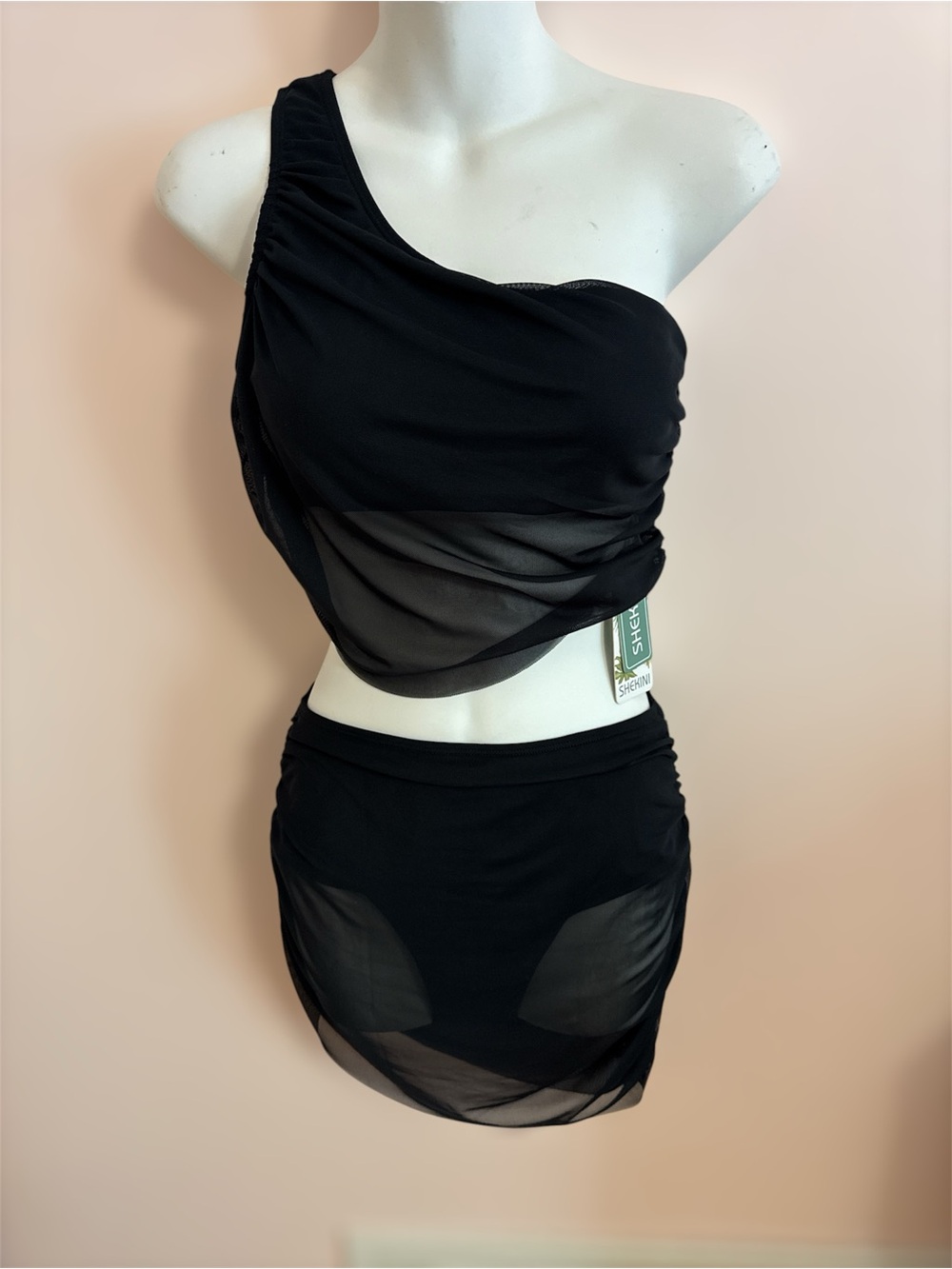 One-Shoulder Black Mesh Two-Piece Set